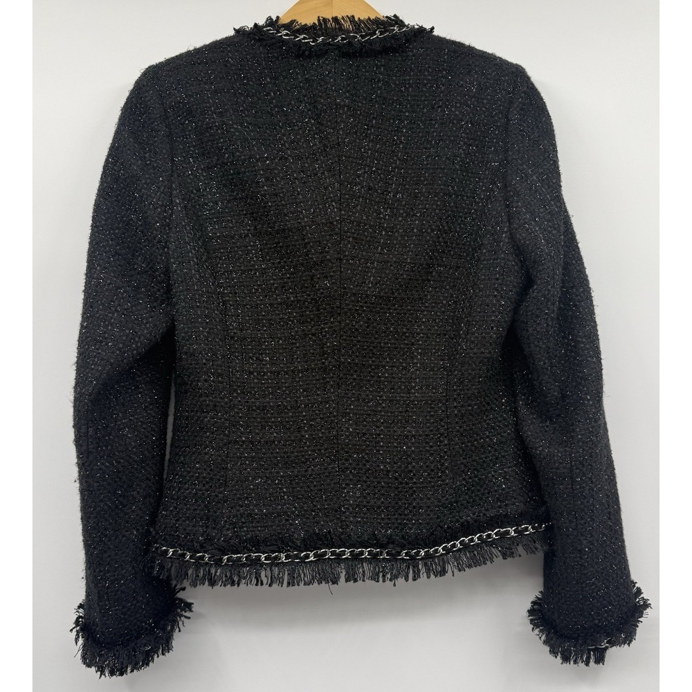 Boston Proper Parisian Shimmer Tweed Jacket SZ 10 Blazer Black Silver Chain Wool - Picture 6 of 10